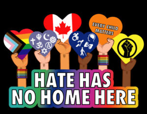 Hate has no home here sign. Graphic image of 6 arms holding hearts that include the pride flag, light purple heart including religions icons, Canadian Flag, blue heart with disability icons, orange indigenous heart, yellow heart with BLM icon.
